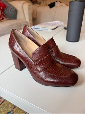 E8 by Miista Linnea Brown Croc-Embossed Block Heel Loafers